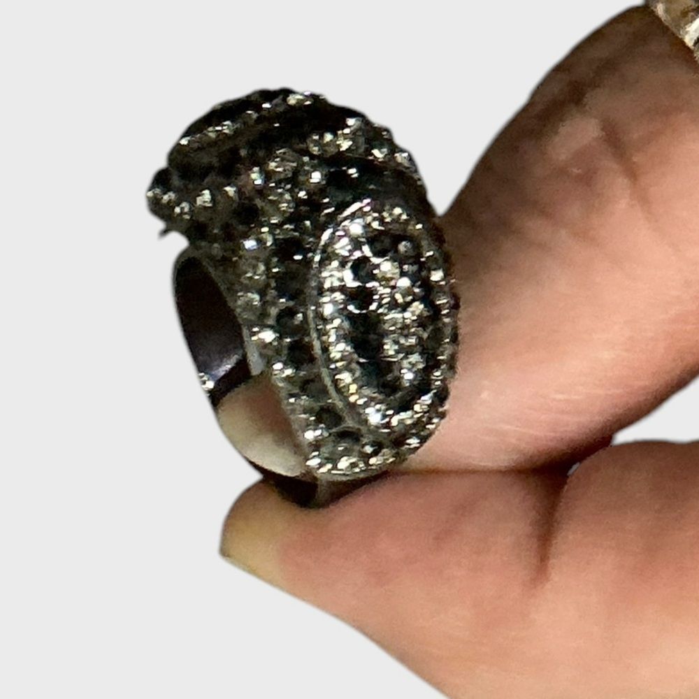 Vintage Adjustable Silver Black Ring Rhinestone R… - image 2